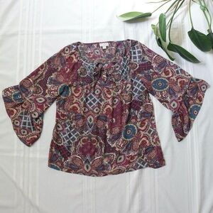 Maroon paisley boho flowy blouse with tie